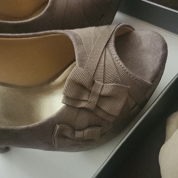 Tan Peep-Toe Suede Pumps - Picture 2 of 3